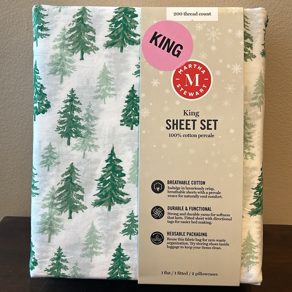 Martha Stewart Christmas Evergreen Trees King Sheet Set 4pc 200Thread Count